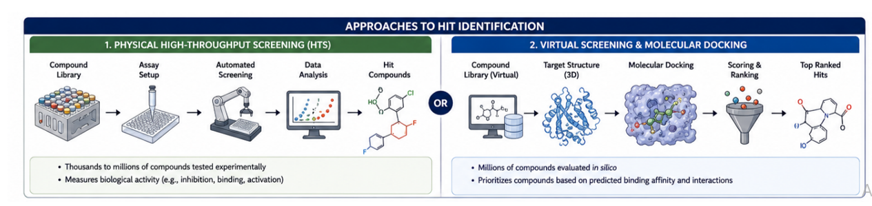 Approaches to Hit Identification: physical high-throughput screening (compound library, assay setup, automated screening, data analysis, hit compounds) versus virtual screening and molecular docking (virtual compound library, target structure, molecular docking, scoring and ranking, top ranked hits)